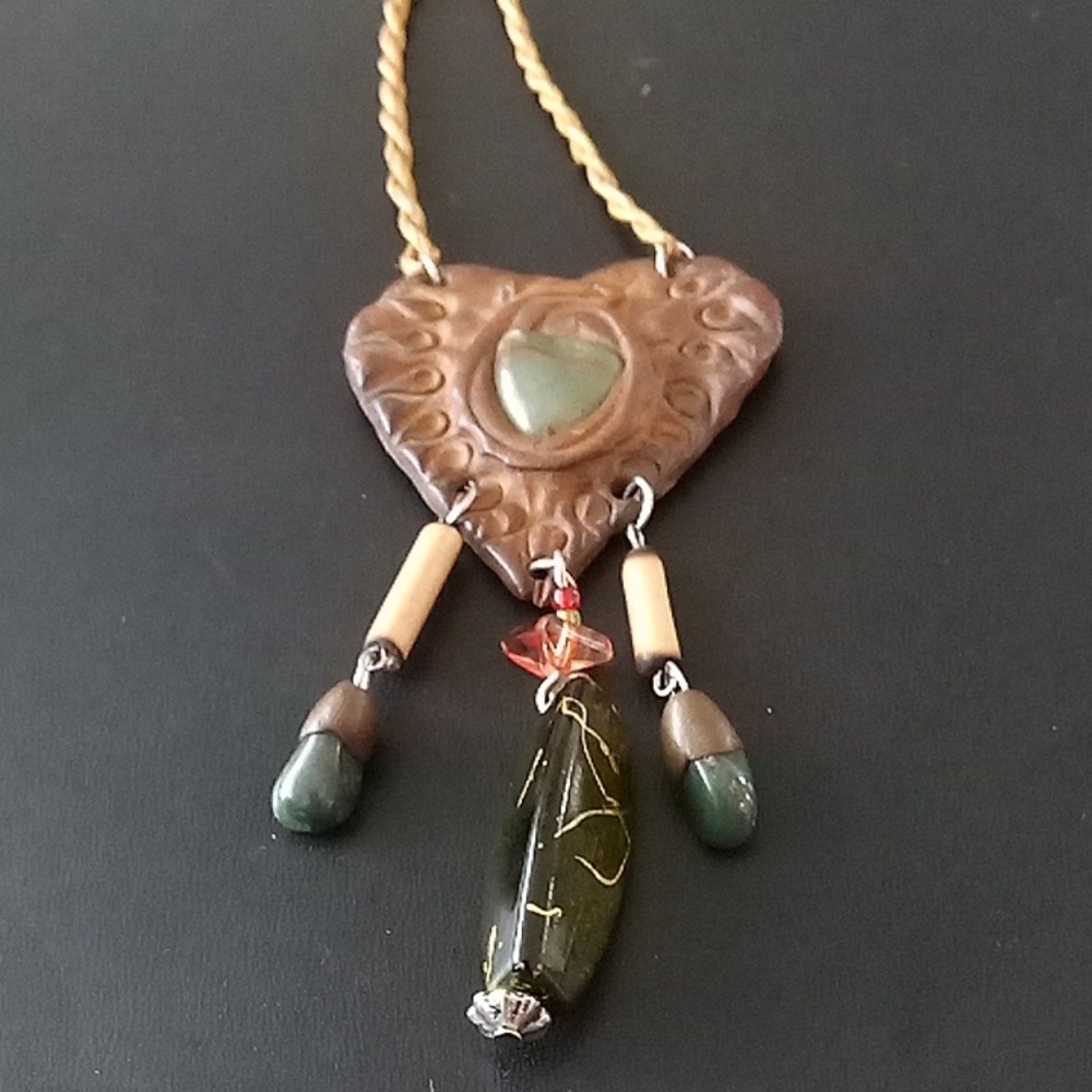 Hand Made Heart Pendant Necklace with Green Stone Accents